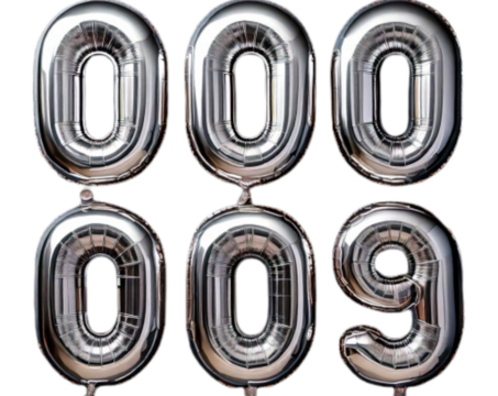 Full Set of Silver Foil Balloon Numbers 0–9 in a Straight Row, isolated on transparent background