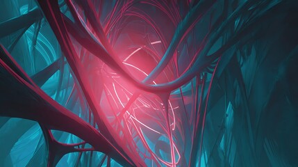 Intricate neon-lit structure of interwoven forms.