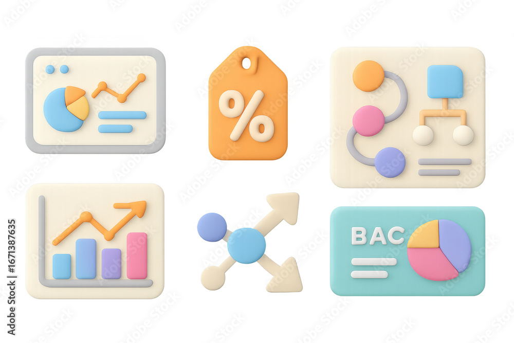Poster 3d infographic icons with graphs and diagrams in pastel tones for data presentation