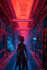 A stylized, futuristic corridor with neon lighting.