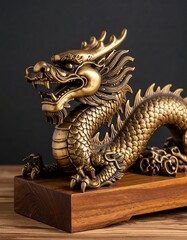 Ornate brass dragon figurine on wooden base