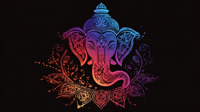 Happy Ganesh Chaturthi card artistic Ganesh icon silhouette colorful rangoli design devotional theme no people