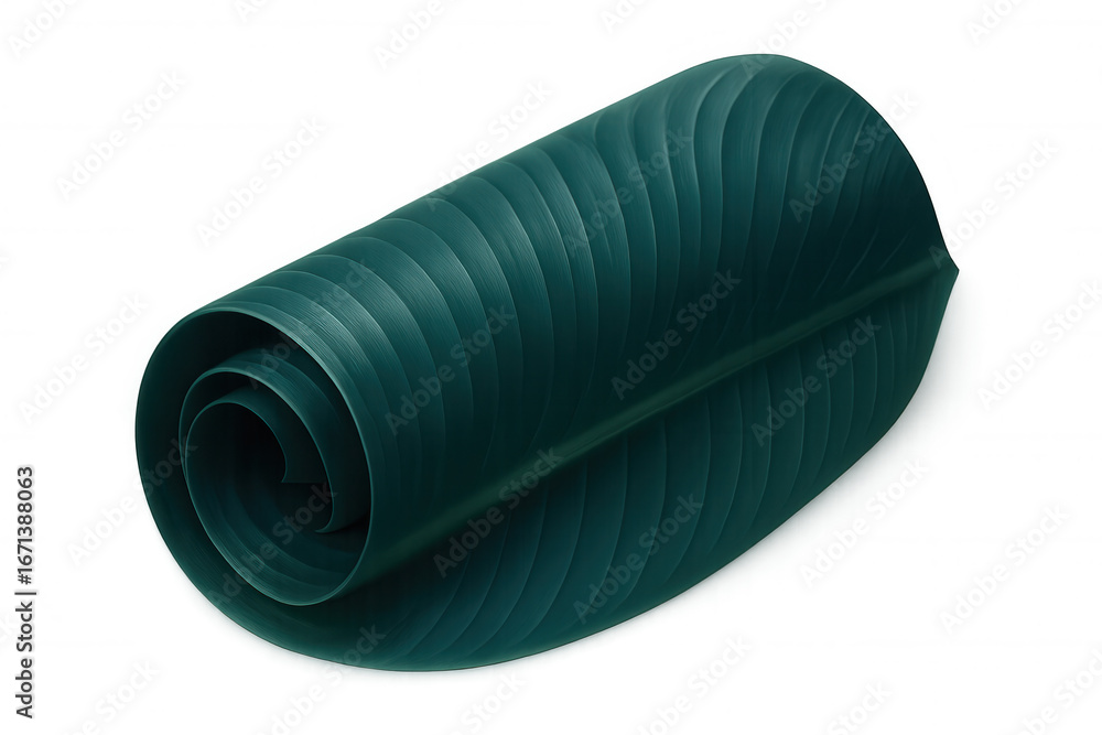Poster rolled green tropical leaf with parallel veins isolated on transparent background, creating a natura
