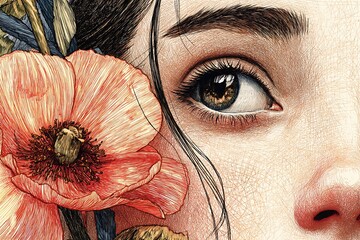 Close-up portrait of a woman with a poppy flower arrangement.