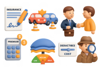 3d cartoon style car insurance concept with agents and calculator