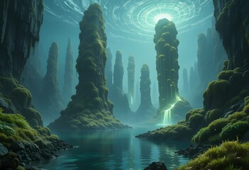 Sunlit Underwater Cave with a Circular Opening