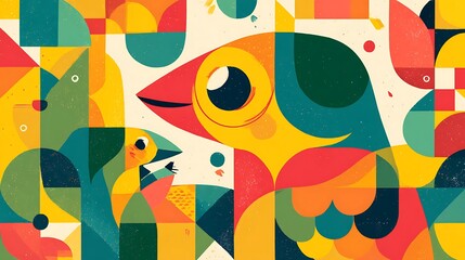 Colorful geometric abstract art featuring birds.