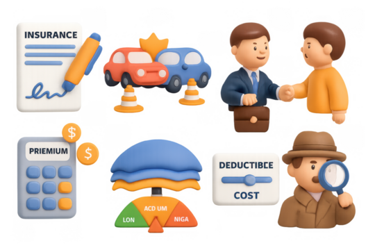 3d cartoon style car insurance concept with agents and calculator - Powered by Adobe