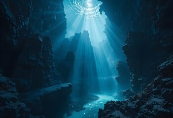 Dramatic Sunbeams Piercing a Deep Underwater Canyon