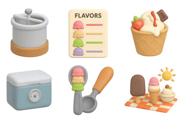 Colorful 3d ice cream icons with sundaes and scoopers