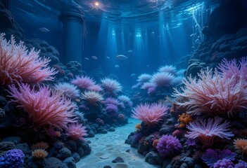 : Colorful Coral Reef with Pink Sea Anemones and Sunlight