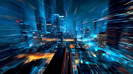 Fast-paced urban cityscape at night with motion blur.