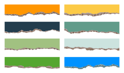 Collection of eight colorful torn paper banners with rough edges