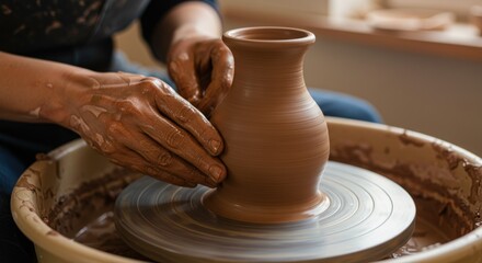 Hands shaping clay on a spinning pottery wheel, creating a vase.