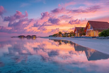Fototapeta premium Tropical beach resort at sunset, calm water reflections