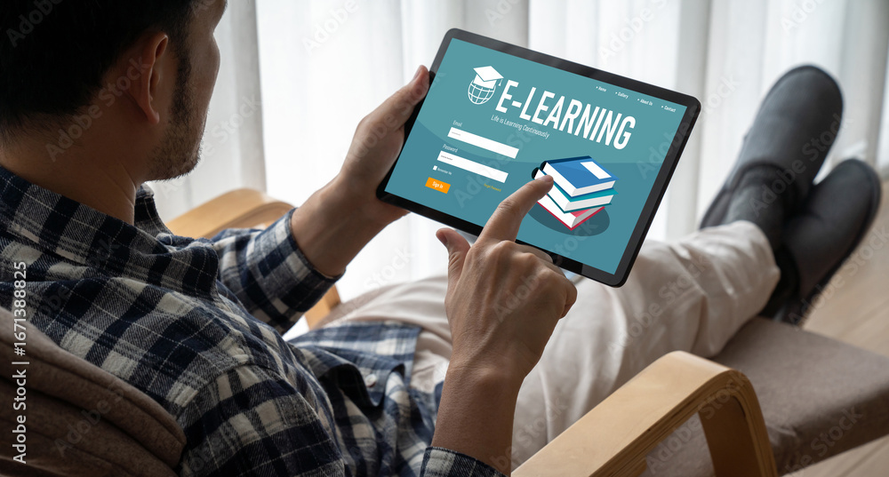 Poster e-learning website with modish sofware for student to study online on the internet network