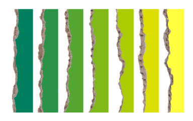 Abstract background of torn paper strips in varying shades of green and yellow
