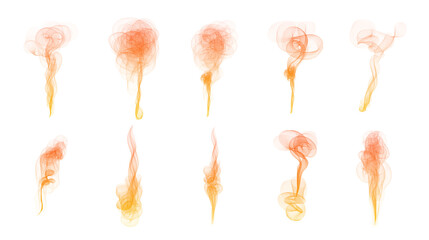 Ten abstract fiery plumes of smoke or flame against a black background