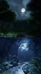 A moonlit, rainy forest path winding through lush vegetation.