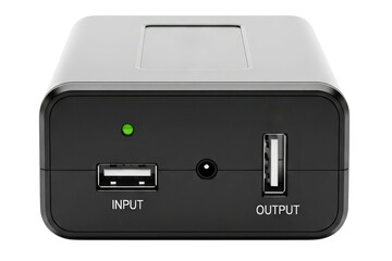 Obraz premium Black portable power bank charger with input and output ports isolated on a transparent background