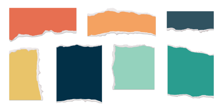 Collection of colorful torn paper pieces on black background