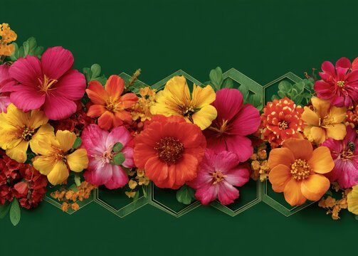 Vibrant floral arrangement in a horizontal band of various colors, arranged within gold hexagon shapes against a deep green background - Powered by Adobe
