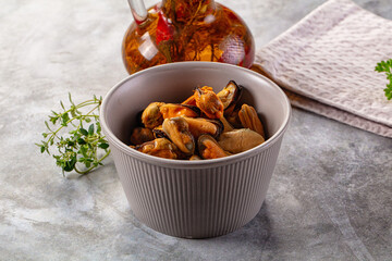 Peeled mussels heap in the bowl
