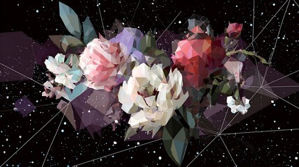 Polygonal bouquet of flowers against a starry night sky.