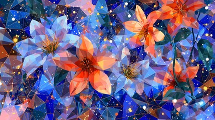 Abstract floral design with polygonal shapes and glowing details.