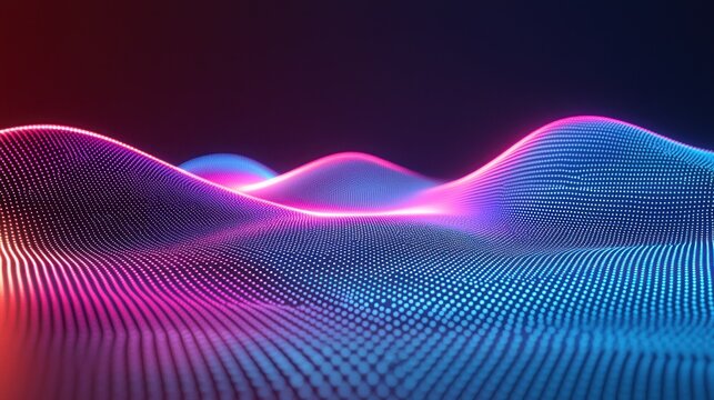 Abstract glowing neon waves, digital landscape.