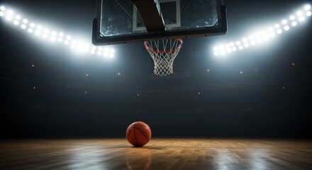 A basketball sits on a wooden court beneath a lit hoop and stadium lights.