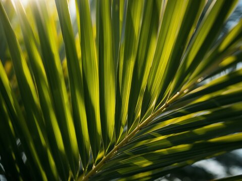 Sunlit Palm Frond. A Tropical Glimpse of Green, Sunlight, and Shadows Natures Abstract. - Powered by Adobe