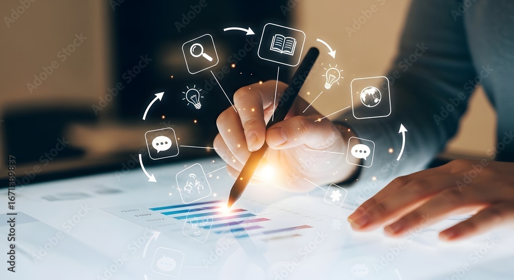 Poster data analysis and insights pen pointing at chart with icons overlay