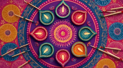 Fototapeta premium Happy Navratri card nine diyas vibrant patterns garba dandiya sticks a circle festive and spiritual tone no people