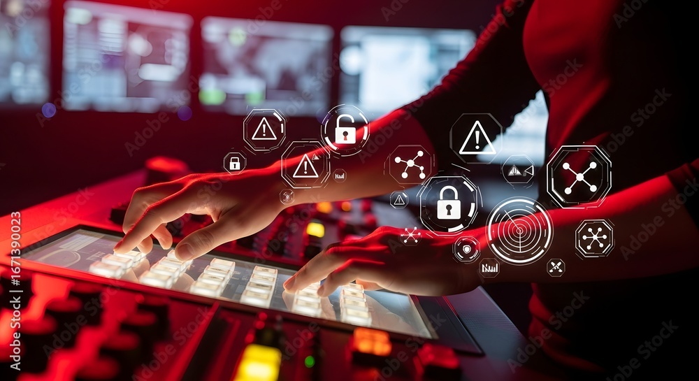 Poster cybersecurity expert working on a digital interface in a futuristic control room, managing data prot