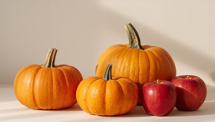 Obraz premium Pumpkins and Apples Still Life, A Harvest Arrangement for Autumn Season.