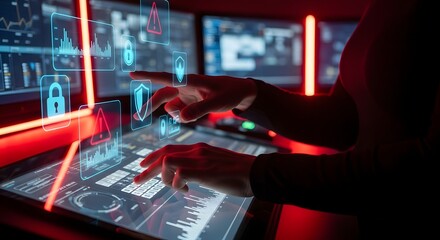Professional managing complex security systems on a futuristic virtual dashboard with glowing data visualizations