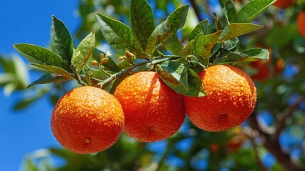 Obraz premium Three oranges on a branch, vibrant color, fresh, bright blue sky