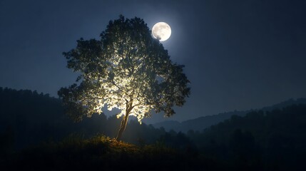 Illuminated tree at night under a full moon.