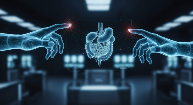 Futuristic holographic display shows a glowing anatomical model of the human digestive system, with two digital hands reaching out to interact with it in a h...