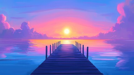 Serene sunset over calm lake with wooden pier.