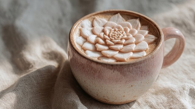 A beautifully crafted latte featuring intricate foam art resembling a succulent plant, presented in a rustic cup.