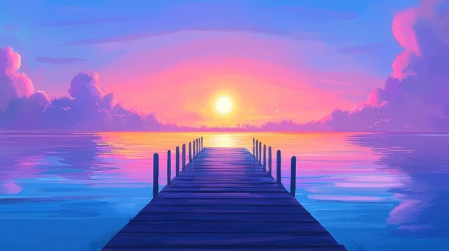 Serene sunset over calm lake with wooden pier. - Powered by Adobe