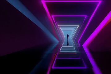 Neon lights illuminate a futuristic tunnel.