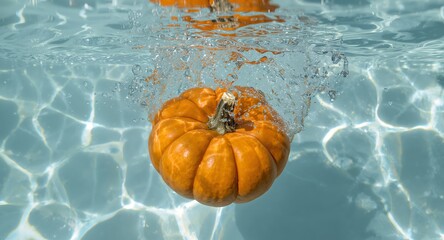 Pumpkin Plunge. A Vibrant Squash Submerged in Sparkling, Clear Water, Bubbles.
