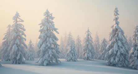 Obraz premium Snowy Forest Landscape at Sunrise. A Winter Wonderland of SnowCovered Trees.