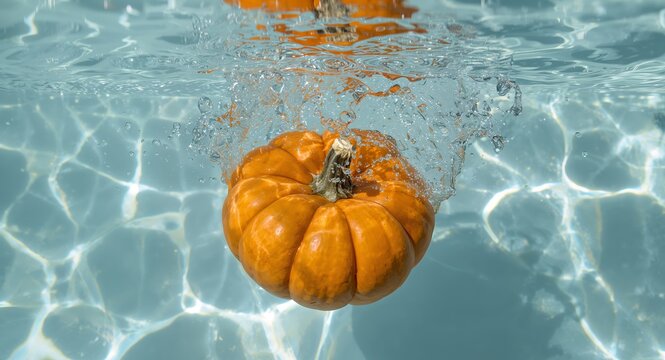 Pumpkin Plunge. A Vibrant Squash Submerged in Sparkling, Clear Water, Bubbles.