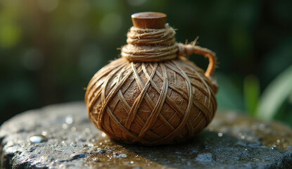 Close-up botol arak Bali dengan detail anyaman daun kelapa yang kering, simpul-simpul tradisional terlihat jelas, ditempatkan di atas batu alam dengan embun pagi, ultra fokus dan tekstur tinggi