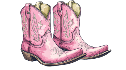 Pink cowboy cowgirl boots in western southwestern style isolated on transparent background