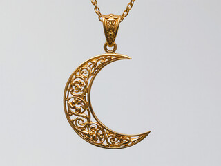 Ornate golden crescent moon pendant with intricate scrollwork necklace jewelry